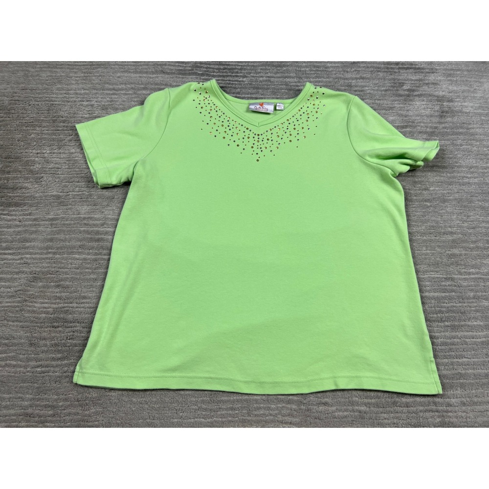 Quacker Factory T-Shirt Womens Large Lime Green Rhinestone V-Neck S/S Studded